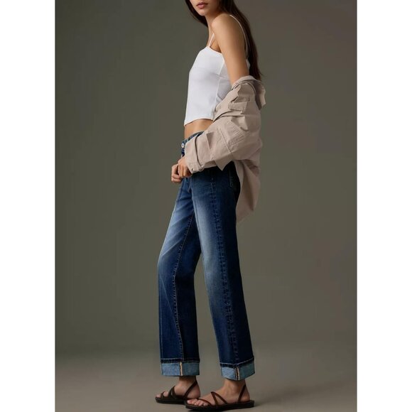 Women's Wide Leg Cuffed Jeans High Waisted Baggy Stretchy Denim Pants - Picture 3 of 6